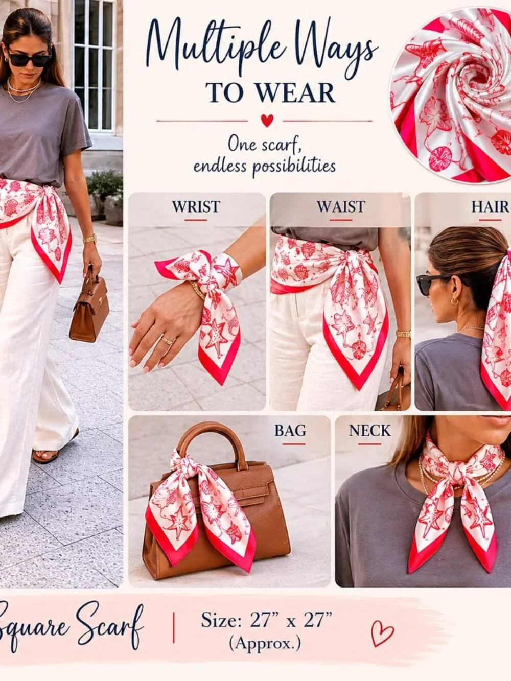 NEW!!! SEASHELL PRINT MULTI-USE SCARF - SOFT POLYESTER, SATIN  LOOK